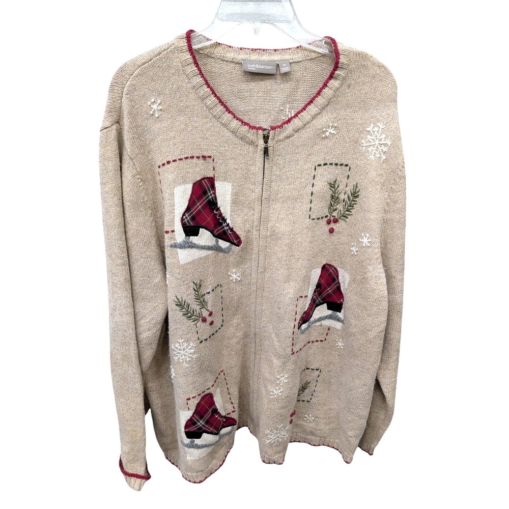 Vintage Women's Novelty Christmas Ice Skate Zip Cardigan Sweater Tan‎ Wool- 3X